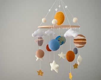 Solar system nursery mobile with planets sun stars. Space themed baby shower decor. Gender neutral baby gift. Hanging outer space mobile