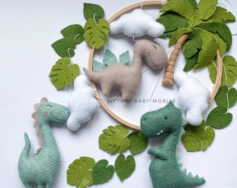 Dinosaur Baby Mobile | Felt Dino Crib Mobile with Palm Tree & Clouds | Green Jungle Nursery Decor for Boys or Girls