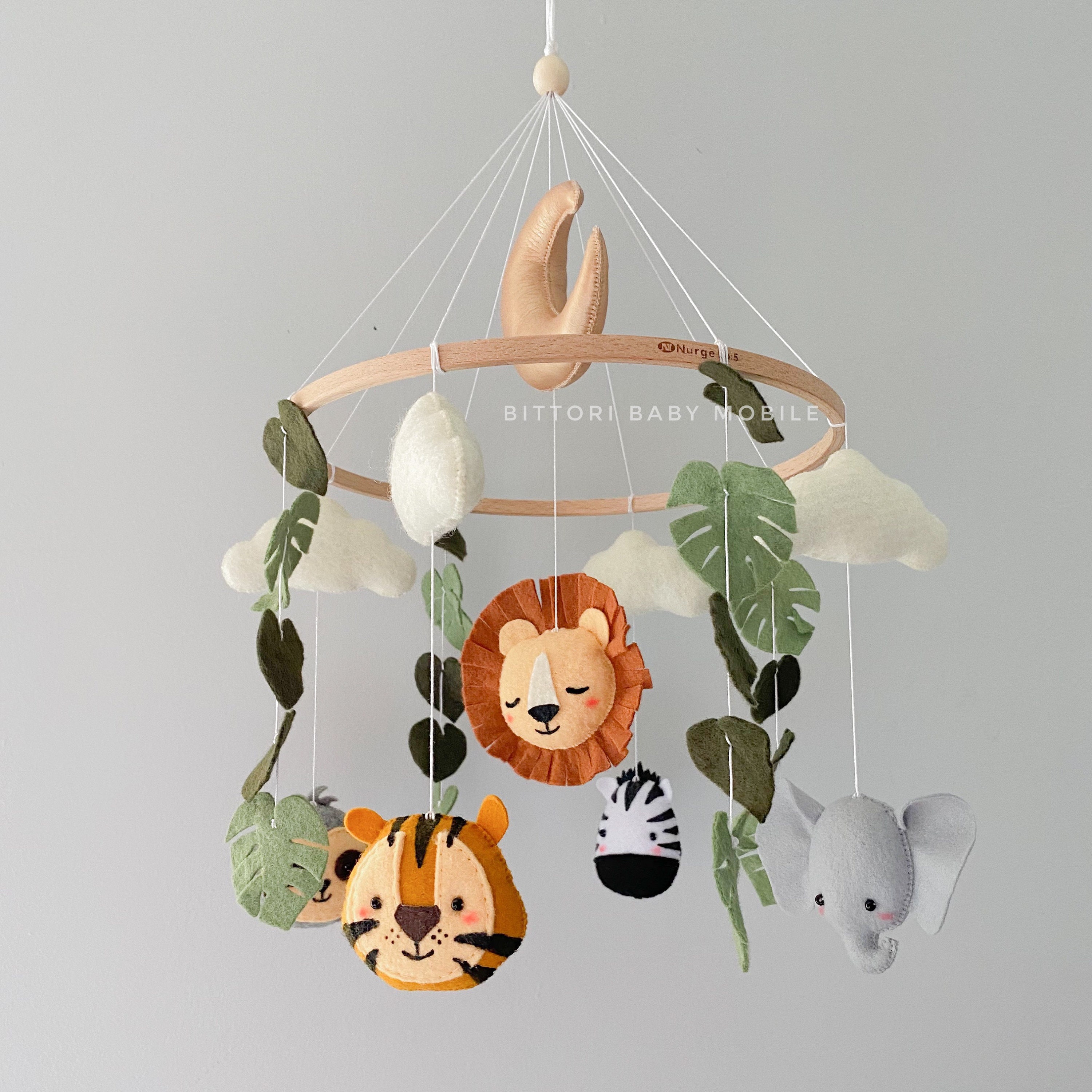 Safari Animal Baby Mobile | Crib With Lion, Zebra, Tiger, Elephant, Sloth Jungle Nursery Decor Moon & Leaves