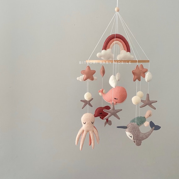 Baby Girl Mobile Nursery Decor Newborn Gift Pink Room Ocean Felt - Main Image