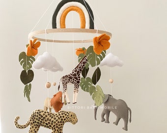 Jungle Animal Baby Mobile: Giraffe, Lion, Elephant & Rainbow Nursery Decor