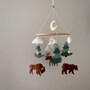 Woodland mobile nursery with bear moose buffalo Woodland baby shower decor with moon mountain tree clouds Crib felt animal creatures