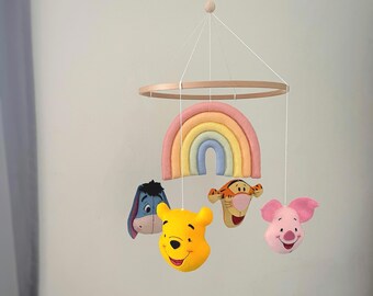 Pastel Rainbow Baby Mobile with Bear Donkey Tiger and Piglet | Woodland Friends Nursery Decor, Felt Crib Mobile, Neutral Baby Shower Gift