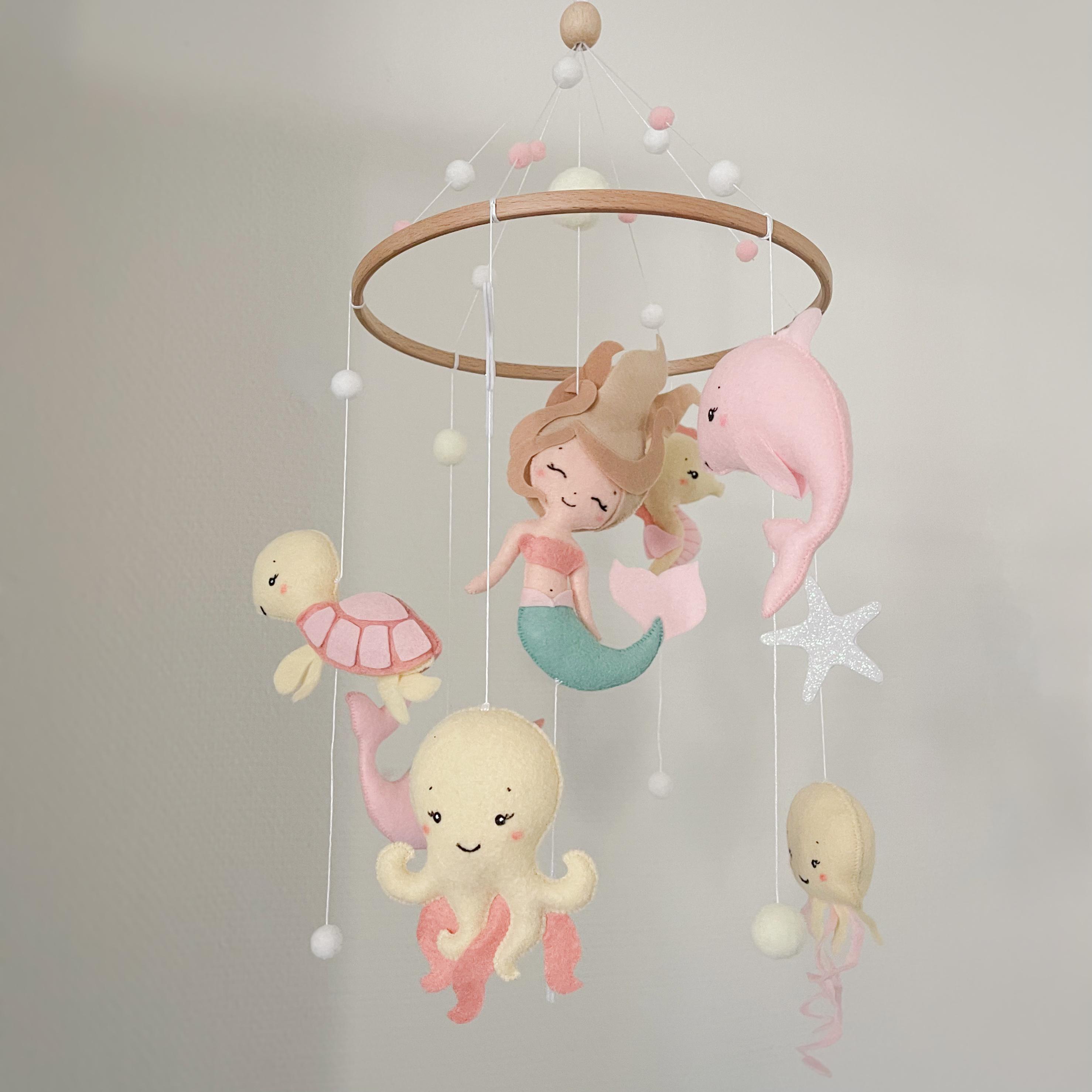 Mermaid Baby Mobile for Girl | Ocean Nursery Decor | Pink Cream Felt Mobile | Under the Sea Theme | Handmade Baby Room Decoration