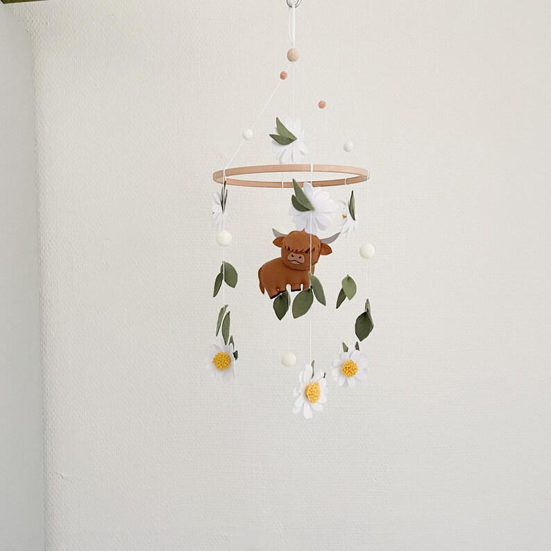 Highland Cow Nursery Decor | Floral Farm Theme | Crib Mobile Daisy And Greenery | Baby Mobile Rustic | Baby Shower Gift image 2