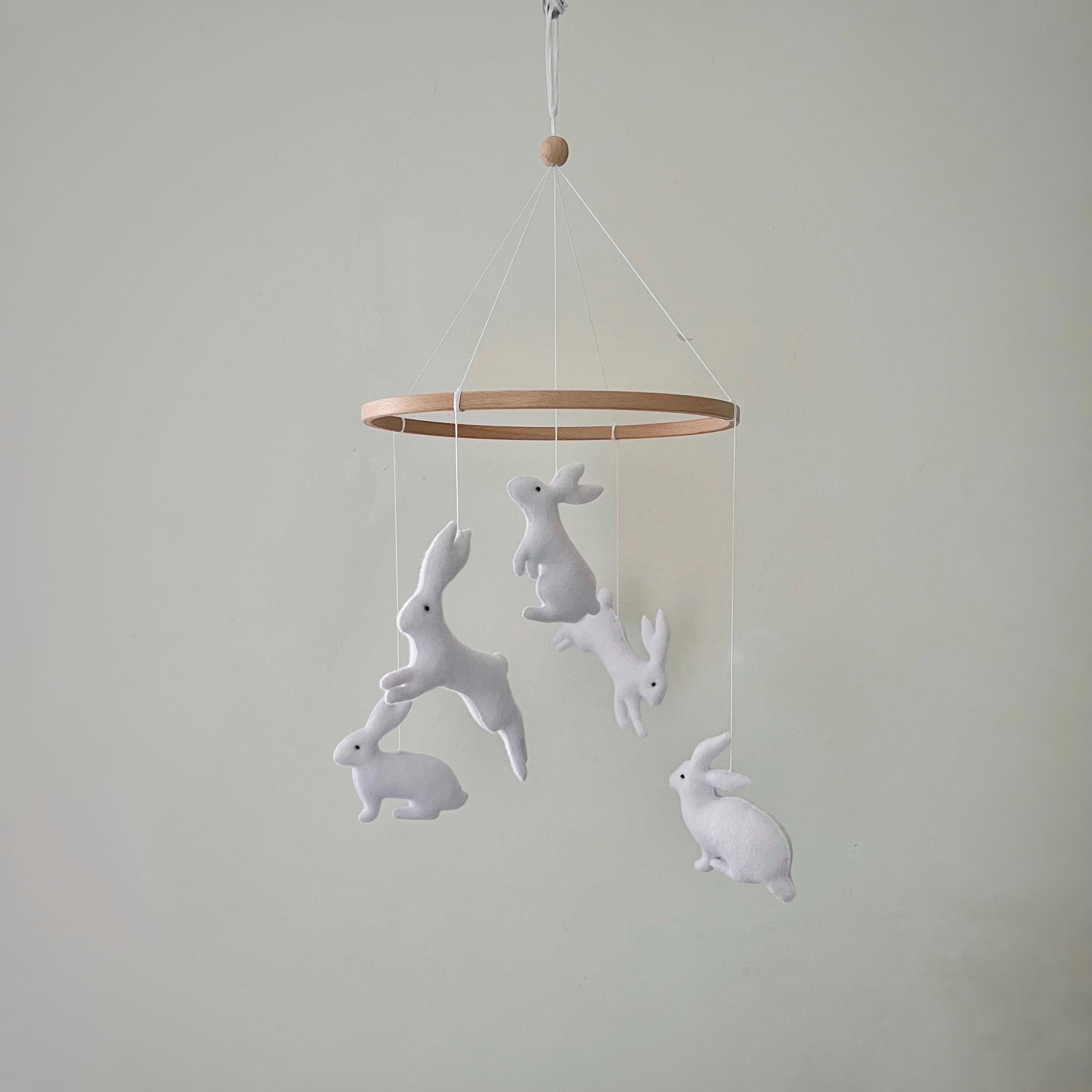 Bunny Crib Mobile in White Color Palette. Farm Themed Nursery Decor