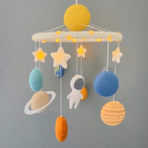 Space Baby Mobile with Night Light | Felt Galaxy Crib Mobile | Astronaut Planets Stars Nursery Decor | Baby Shower Gift for Boys or Girls