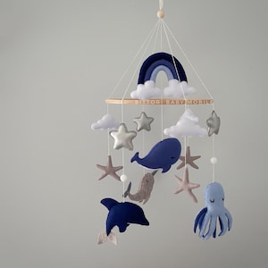 Navy Blue Baby Mobile for Boy | Ocean Nursery Decor | Whale, Octopus, Stars & Clouds Crib Mobile | Nautical Baby Shower Gift