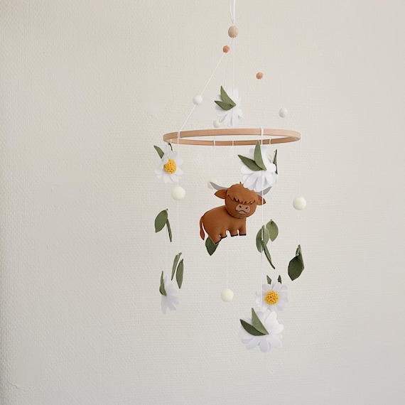 Highland Cow Nursery Decor | Floral Farm Theme | Crib Mobile Daisy And Greenery | Baby Mobile Rustic | Baby Shower Gift
