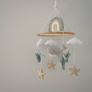 Whale Baby Mobile | Ocean Nursery Mobile with Rainbow, Clouds & Starfish | Neutral Sea Life Crib Mobile for Baby Boy or Girl