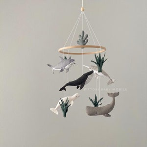 Ocean nursery mobile with whale beluga whale narwhal and sperm whale, ocean fish mobile, under the sea crib mobile, unique baby gift