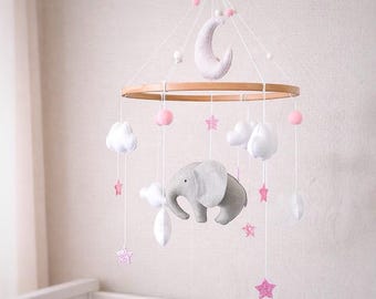 Móvil de elefantes para bebé niña / Decoración de habitación infantil con luna, estrellas y nubes / Regalo para baby shower