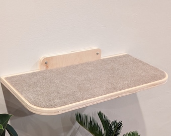 May include: A wall-mounted cat shelf with a gray fabric surface. The shelf is made of wood and has a rounded edge. There are two plants in pots on the floor below the shelf.