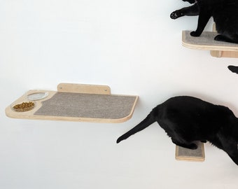 Cat feeder shelf with bed and 2 steps, wall mounted shelf for large cats, cat shelves, cat food shelf, cat furniture, cat bed, cat steps