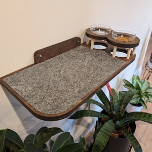 Raised Cat Feeder Shelf and TWO steps, wall mounted shelf for large cats, Keep cats away from plants and dog