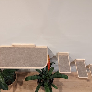 May include: Set of five cat shelves made of wood with a gray carpet surface. The shelves are mounted on a white wall and are different sizes. The largest shelf is at the top and the smallest shelf is at the bottom.