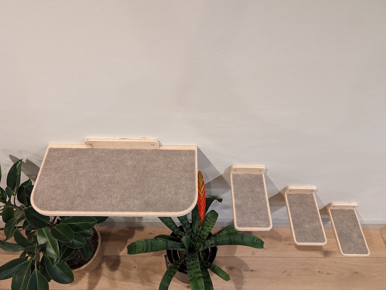 May include: Set of five cat shelves made of wood with a gray carpet surface. The shelves are mounted on a white wall and are different sizes. The largest shelf is at the top and the smallest shelf is at the bottom.