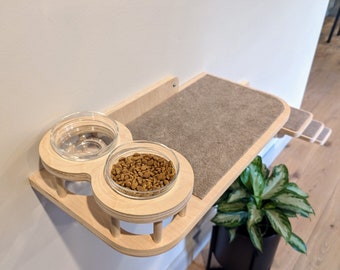 Cat Feeder Shelf | Wall Mounted Shelf For Large Cats | Raised Pet Feeder Bed and Steps