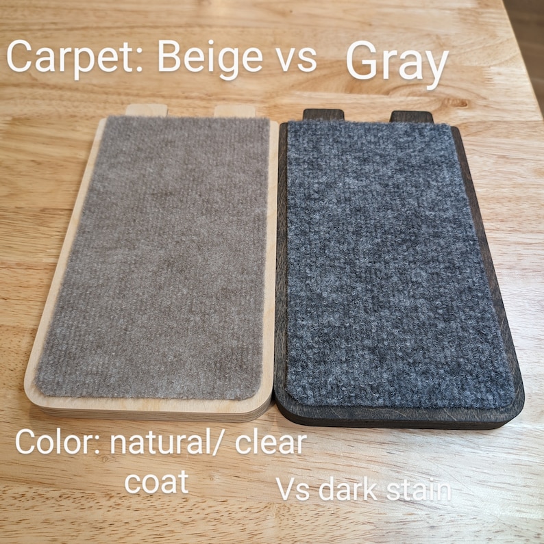 May include: Two samples of carpet, one beige and one gray, are shown on wooden boards. The beige carpet is on a board with a natural finish, while the gray carpet is on a board with a dark stain. The text "Carpet: Beige vs Gray" is at the top of the image, and the text "Color: natural/clear coat vs dark stain" is at the bottom.