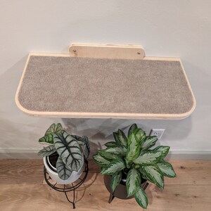 May include: A wall-mounted cat shelf with a brown carpet surface. The shelf is made of wood and has a light wood finish. Two potted plants are in the foreground, one with green and white leaves and the other with dark green leaves.