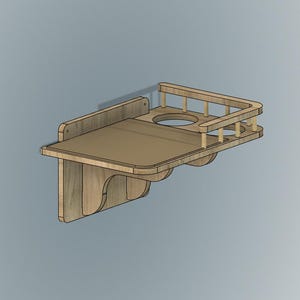 May include: A light brown, wall-mounted cat shelf with a rounded edge and a small railing. The shelf has two circular cutouts and a decorative, curved support. The shelf is made of wood and is designed to be mounted on a wall.