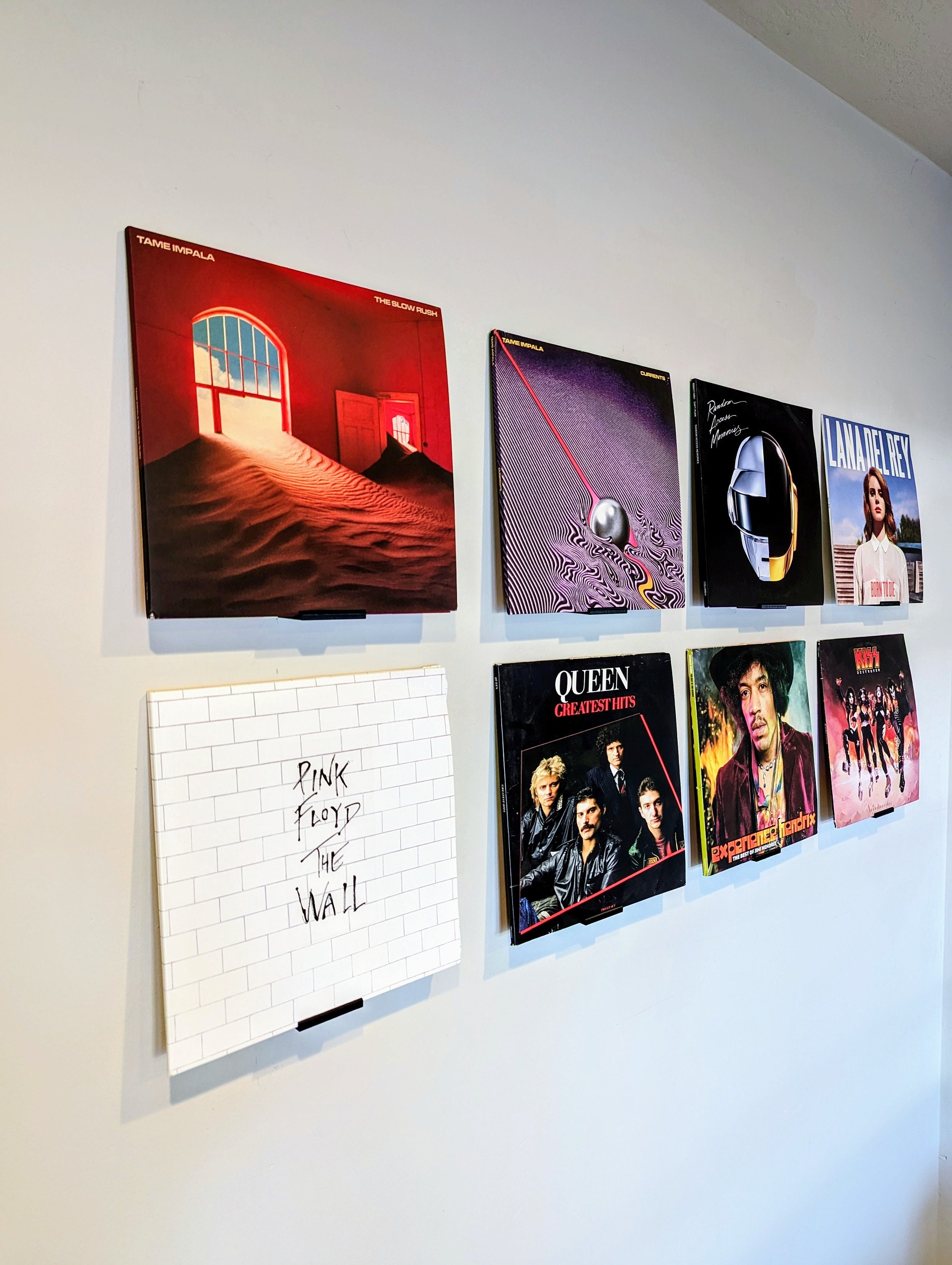  Vharpy Expositor de pared para discos de vinilo, paquete de 2  con fijaciones, soporte de álbum de madera, soporte de arte para álbum de  discos LP, soporte de soporte para discos