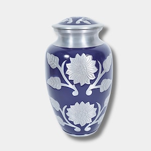 Handmade Navy Blue Aluminum Cremation Urn: Silver Floral Design