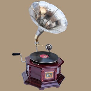 Vintage Hand Crank Gramophone | Retro Vinyl Record Player with Decorative Horn | Antique Style Home Decor Gift Office Decor Vintage Decor