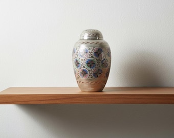 Multicolor Floral Metal Cremation Urn | Handmade Adult Ashes Holder | Elegant Funeral Memorial Keepsake