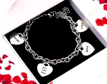 Personalised Engraved Name Bracelet Custom Heart Pendants Bangle Gifts for Women, Christmas Gift, Birthday Gift, Mother’s Day Gift, BFF Gift