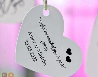 Personalised Islamic Wedding Favour Heart Tags Personalised with Name/Date