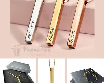 Personalised Name Bar Necklace Custom Engraved Jewellery Gift Stainless Steel
