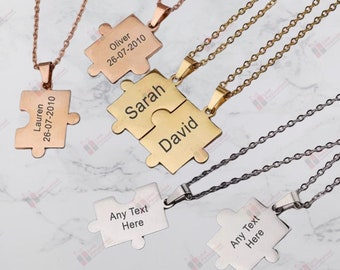 Personalised Engraved Puzzle Shape Necklace, Custom Names, Initials, Engraved Jewellery For Her and Him, Love Friendship Sharing Pendant