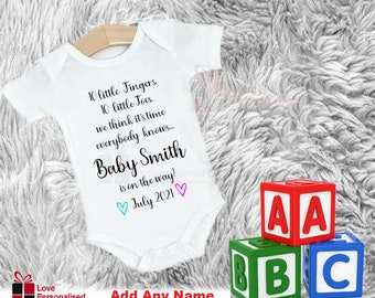 Personalised Custom Baby Name Vest heart Baby Grow Bodysuit Reveal Announcement