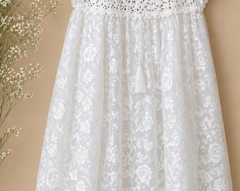 Vestido bohemio blanco para niña | Vestido de comunión de encaje | Vestido de damita de honor | Corpiño de tul y ganchillo | Vestido festivo para niñas | Tallas 116-122