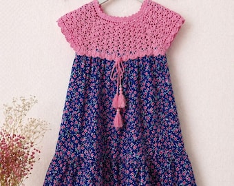 Vestido bohemio para niña, talla 122-128, de algodón, tejido a mano a crochet, vestido de verano con flores, vestido infantil de estilo vintage, regalo para niñas.