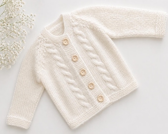 Chaqueta de bebé tejida a mano, talla 80 – Blanco crema – Suave y cálida – Regalo para bebé