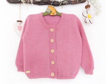 Cárdigan de niña, talla 98, confeccionado en 100% lana – Cárdigan de bebé hecho a mano, rosa – Chaqueta infantil abrigada, regalo
