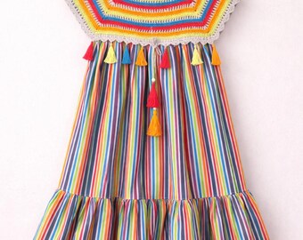 Vestido de niña 110/116 Arcoíris | Vestido de verano de algodón hecho a mano | Vestido infantil colorido con top de ganchillo | Vestido bohemio para niñas