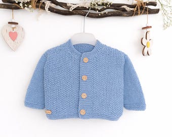 Chaqueta de bebé tejida a mano, talla 56, 100% algodón – Cárdigan suave para recién nacidos – Cárdigan azul para bebé – Regalo para recién nacidos