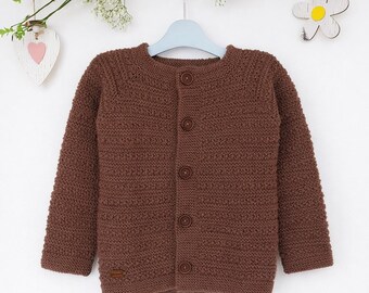 Chaqueta infantil tejida a mano, talla 110, 100% lana – cárdigan cálido para niños, chaqueta marrón para bebé, idea de regalo