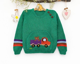 Jersey infantil de punto hecho a mano con motivo de coche – Talla 116 – Jersey infantil verde – Regalo para niños – Hecho a mano