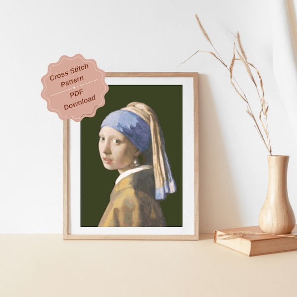 Johannes Vermeer’s Girl with a Pearl Earring Cross Stitch Pattern - Classical Art Do-It-Yourself Home Decor - Advanced Needlework