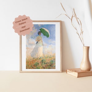 Claude Monet’s Woman with a Parasol Facing Right Cross Stitch Pattern  - Detailed and Full Coverage Classical Art - Portrait Embroidery
