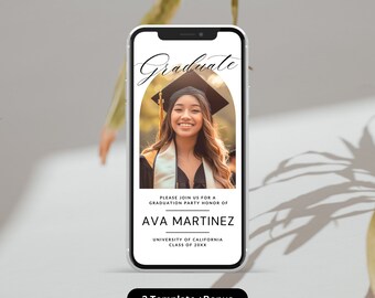 May include: A white smartphone mockup with a graduation invitation on the screen. The invitation features a photo of a woman in a graduation cap and gown, with the text "Graduate", "Please join us for a graduation party in honor of Ava Martinez", "University of California", and "Class of 20XX".