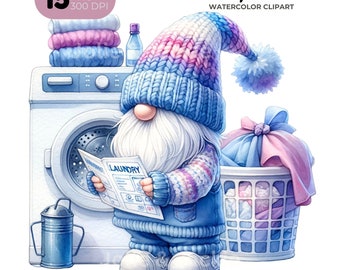 Watercolor Laundry Gnome Clipart, PNG Files (Digital Download)
