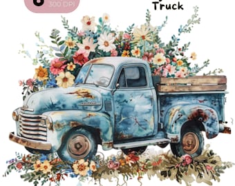 Vintage Floral Truck PNG, Watercolor Clipart (Digital Download)