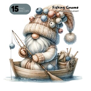Watercolor Fishing Gnome clipart bundle Png, Fisherman gnome, fly fishing clipart watercolor, bass fishing clipart, Sublimation Design