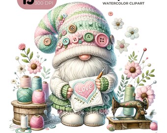 Quilting Gnome Clipart, Seamstress, Sewing Machine (Digital Download)