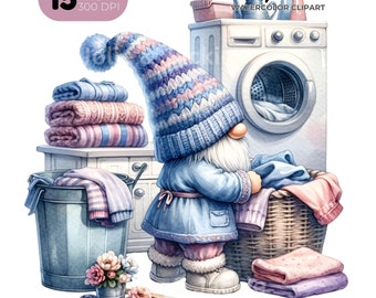 Watercolor Laundry Gnome Clipart, Nursery Art (PNG Digital Download)